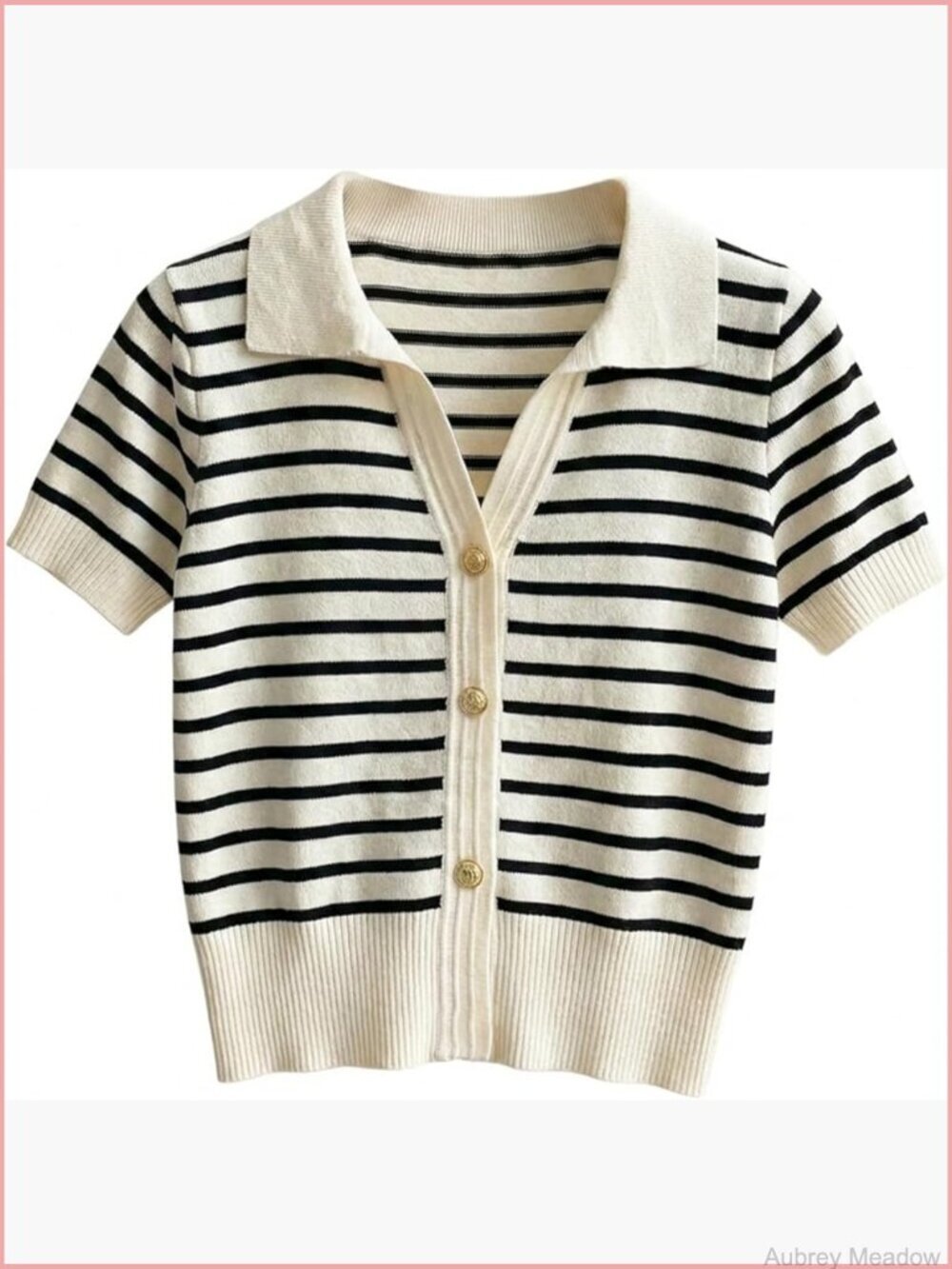 Striped Short Sleeve Button Down Sweater V Neck Knit Top
